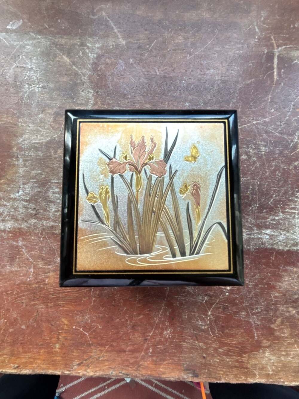 Vintage Westland Co Black Lacquer Music Box Floral Iris Japan